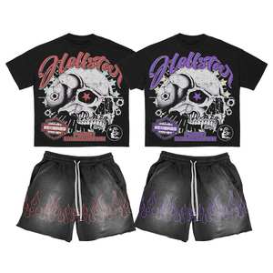Ensemble T-shirt et short Hellstar pour homme, imprimé crâne, col rond, style punk, tenue d'été en coton, flammes rouges et violettes - Product Image 1