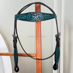Bride occidentale de serre-tête de cheval en cuir taillé à la main avec des accents de cristal turquoise pour Rodeo Trail & Barrel Racing Tack - Product Image 5