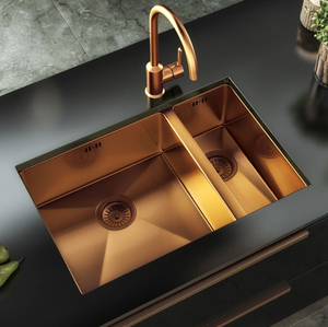 Évier de cuisine moderne en cuivre à encastrer, avec une seule cuve lisse et un égouttoir, disponible à prix de gros. - Product Image 4