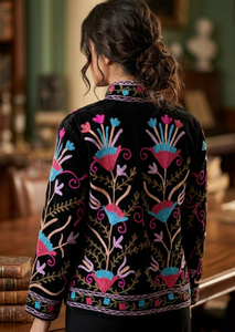 Veste pour femme en velours floral brodé à la main Suzani avec doublure en coton - Printemps/Automne/Hiver Cadeau pour elle - Product Image 2