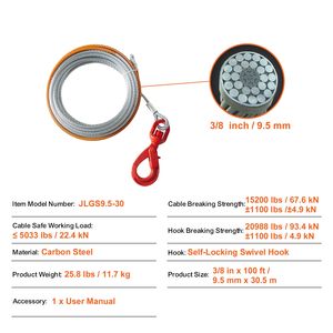 Cavo per verricello in acciaio zincato da 3/8 di pollice x 100 piedi, resistenza alla rottura di 15.200 libbre, fune da traino con gancio girevole - Product Image 3