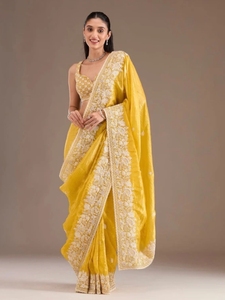 KV Women's Embroidered, Embellished Bollywood Pure Silk <b>Saree</b> With Unstitched Blouse (<b>Yellow</b>) - Product Image 6