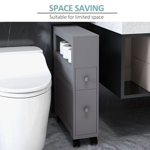 Armadio da bagno grigio stretto porta carta igienica salvaspazio con ruote rotolanti e cassetti mensole del bagno - Product Image 5