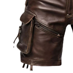 Shorts cargo en cuir pour homme, style motard, avec poches zippées, taille mi-haute, fermeture boutonnée, longueur Bermuda - Product Image 4