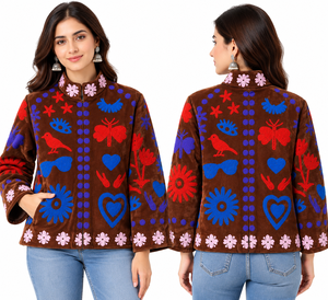 Custom Hand Embroidered Eco-Friendly Quick Dry <b>Velvet</b> Bomber Jacket <b>Women</b> Floral Suzani Stand Collar Boutique <b>Coat</b> - Product Image 6
