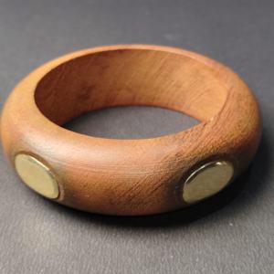 Handcrafted Natural Solid Wood <b>Bangle</b> with Inlaid Brass Oval Disks - Bohemian Style Chunky <b>Wooden</b> Bracelet for Women - Product Image 5
