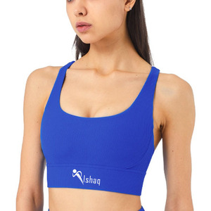 Ishaq Women's Blue Ribbed Sports <b>Bra</b> Scoop Neck <b>Racerback</b> Medium Support Breathable Fitness Wear Solid Color - Product Image 1
