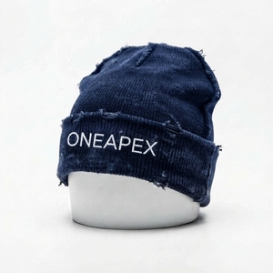 Men's <b>Navy</b> Blue Distressed Beanie <b>Hat</b> Knit Cuffed Winter Cap Unisex Streetwear Skull Cap Custom Logo Wholesale Fashion Accessory - Product Image 1