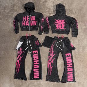 Sudadera con capucha y cremallera completa Heva Havin para hombre, con estampado de llamas en negro y rosa, estilo urbano, corte holgado, para otoño - Product Image 2