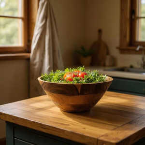 Bol en bois d'acacia, bol à salade rustique, bol à salade artisanal en bois, bol de service en bois naturel pour la cuisine - Product Image 4