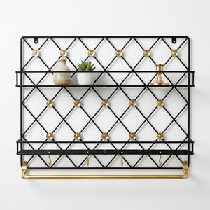 Estante de pared de latón negro SS202 hecho a mano con diseño de roseta, 60 cm, unidad de pared de latón Saira tres en uno para decoración del hogar, hoteles y bodas - Product Image 1