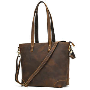 Sac fourre-tout pliable en cuir véritable marron vintage avec fermeture éclair, sac à bandoulière avec poche avant, grande capacité, pour la vente en gros - Product Image 5