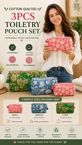 Cotton Quilted Floral Hand Block Print Toiletry <b>Bag</b> with Zip Closure Set of 3 Used as Cosmetic Travel Shaving Wash <b>Bags</b> Assorted - Product Image 6