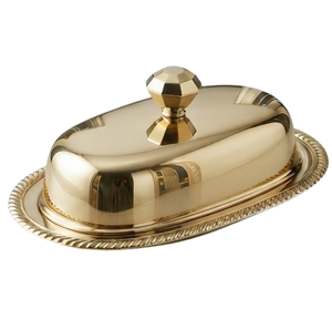Beurrier ovale doré avec couvercle, en métal poli, vaisselle de table, usage culinaire, décoration de fête, style glamour, design solide - Product Image 2