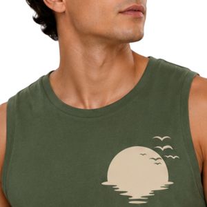 Camiseta sin Mangas Verde Oliva con Diseño Gráfico Minimalista de Pájaros al Atardecer, Chaleco Personalizado de Algodón para Hombre, Cuello Redondo, Verano, Casual - Product Image 5