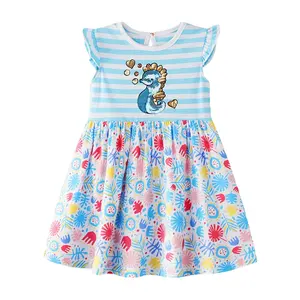 2020 Summer Children's Clothing Long Casual Dress with Flying Sleeves Sea Horse Blue Striped Floral Print for Babies