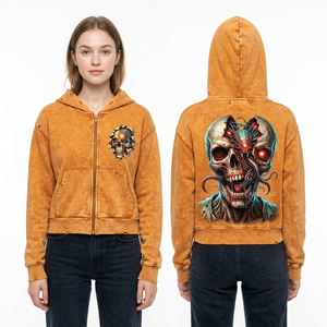 Sweat-shirt à capuche zippé gris anthracite délavé personnalisé pour femme, motif Death Club Grave, style streetwear vieilli, vintage, coupe oversize - Product Image 4
