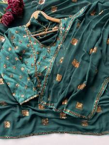 Sari de Georgette Sintético de Diseño con Bordado de Lentejuelas de 5mm y Blusa de Seda Banglori Bordada para Fiestas - Product Image 3