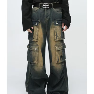 LEDUO Jeans en denim slim fit pour homme, tricotés, délavés, coupe droite, style streetwear, baggy - Product Image 1