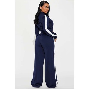 Mono azul marino para mujer, de manga larga, cintura alta, pantalón de pierna ancha, con rayas laterales, estilo casual urbano, tejido transpirable, largo completo. - Product Image 2