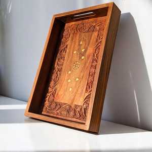 ถาดเสิร์ฟไม้ทำมือ ถาดตกแต่งลายดอกไม้ ถาดจัดระเบียบในครัวไม้ ถาดเสิร์ฟไม้ทรงสี่เหลี่ยม - Product Image 5