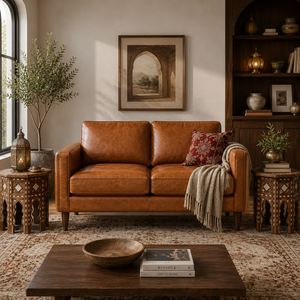 Sofá de Cuero Genuino Color Coñac para Sala de Estar, Mueble de Cuero en Tono Cálido con Diseño Moderno - Product Image 1