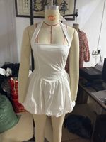 Robe Courte Chic Y2K Coquette Blanche Unie Coupe Princesse Trapèze Tissée avec Fermetures Éclair, Jupe Ballon Volumineuse et Mignonne pour Vacances et Soirées