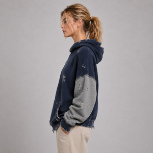 OEM Custom <b>Women's</b> Cotton Vintage Wash Distressed <b>Hoodie</b> <b>Navy</b> Blue Grey Panel Ripped Pullover Heavyweight Streetwear Wholesale - Product Image 2