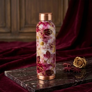 Botella de agua de metal con diseño oriental, con tapa, portátil, para viajes, con diseño amarillo de palmera y pavo real - Product Image 5