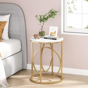 <b>Round</b> End <b>Table</b> Modern Sofa <b>Side</b> <b>Table</b> with <b>Gold</b> O-Shaped Base Marble Top <b>Side</b> <b>Table</b> Cocktail <b>Table</b> Accent <b>Table</b> For Living Room - Product Image 2