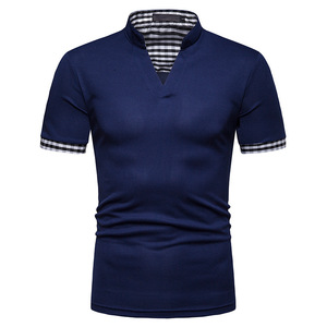 Chemise pour homme bleu foncé à manches courtes, tissée, avec col et poignets à carreaux, style décontracté, coupe classique, 100% polyester respirant - Product Image 6