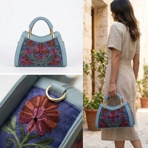 Bolso de Mano con Bordado Crewel de Cachemira, Color Verde Salvia con Flores de Margarita Multicolores, Compre Directamente al Diseñador - Product Image 6