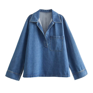 Chemise en jean classique pour femme, en coton, manches longues, boutonnée, décontractée, coupe ample, délavée, pour le quotidien et le streetwear - Product Image 1