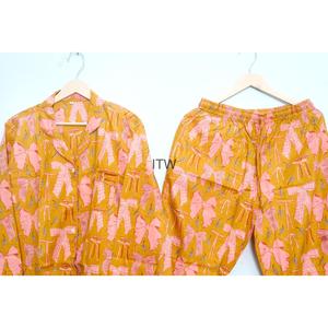 Conjunto de Pijama de 2 Piezas para Mujer, 100% Algodón, Ecológico, Transpirable, Estampado a Mano, Cuello Camisero, Mangas Largas - Product Image 5