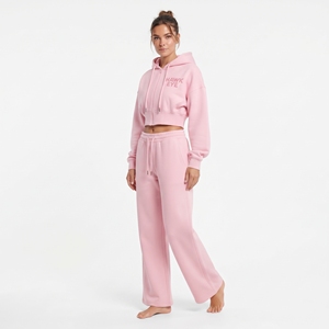 Conjunto deportivo de color rosa moderno para mujer, con sudadera con capucha y cremallera completa, hombros caídos y pantalones jogger de pierna ancha, 100% algodón polar, conjunto de dos piezas. - Product Image 2