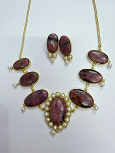 Classic Handmade Natural Gemstone Choker <b>Necklace</b> Earring Set with Pearls 18K Gold Plated <b>Ruby</b> Zoisite <b>Necklace</b> and Stud Earring - Product Image 4