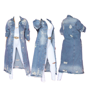 2027 Veste longue en jean effet vieilli, délavée et effilochée, style manteau, simple boutonnage, col rabattu, coupe ample - Product Image 6