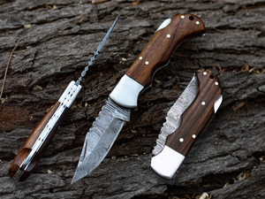 Couteau pliant en acier Damas, manche en bois, lame à pointe tombante, bord dentelé, couteau de chasse d'extérieur, personnalisable OEM - Product Image 3