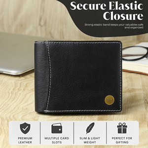 กระเป๋าสตางค์หนังแท้แบบพับสองตอนสำหรับผู้ชาย WRIZA ป้องกัน RFID |   กระเป๋าสตางค์สีดำทรงบาง ดีไซน์มินิมอล ช่องใส่เหรียญ ช่องใส่บัตร 2 ช่อง ใส่เงินสดได้ - Product Image 1