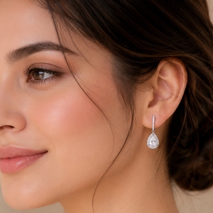 Pendientes de Plata de Ley 925 con Diamantes en Forma de Lágrima, Pendientes Colgantes de Aro con Doble Halo de Moissanita para Mujer, Ideales para Aniversarios y Fiestas - Product Image 3