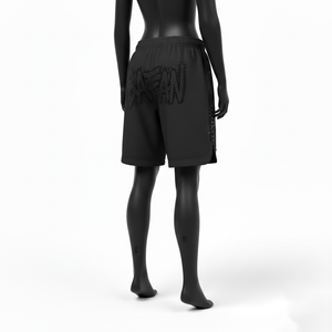 Shorts de baño para mujer premium, 220 GSM, poliéster y spandex, secado rápido, paneles laterales de malla negra, logo con pedrería. - Product Image 5