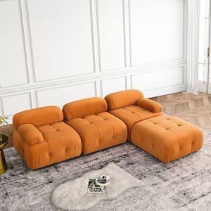 ชุดกระดุมโซฟากำมะหยี่สีส้มแบบแยกส่วนรวมแบบ DIY ประกอบด้วยโซฟารูปตัว L แบบพลิกกลับได้พร้อมออตโตมันสำหรับห้องนั่งเล่น - Product Image 2