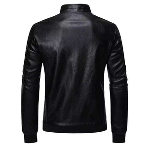 Chaqueta de Motociclista para Hombre, Negra, de Cuero PU Transpirable, Cuello Alto, Cierre de Cremallera, Corte Ajustado, Largo Regular, Estilo Moto, con Bolsillos, para Otoño - Product Image 2