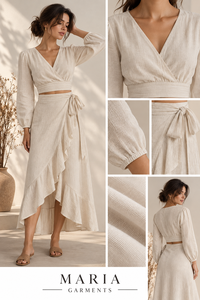 Premium Quality Summer Vacation Skirt Set-Beige Elegant Wrap Crop Top with Modern Casual Ruffled <b>Knee</b> Length Breathable Skirt - Product Image 6