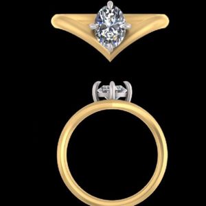 แหวนหมั้นเพชรทรงรี ทองคำเหลือง วงแหวนรูปตัววี 1 กะรัต เพชรเม็ดเดี่ยวเพาะเลี้ยงในห้องปฏิบัติการ ชุดเครื่องประดับเจ้าสาว - Product Image 3