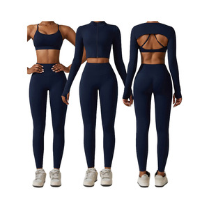 2 Piece Seamless Yoga Set High Waist Leggings Zipper Front Crop Top Crisscross Back Sportswear Women <b>Leopard</b> Floral Navy Blue - Product Image 1