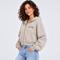 Hoodie court personnalisé pour femme, beige, zippé, coupe courte, épaules tombantes, en polaire, style minimaliste