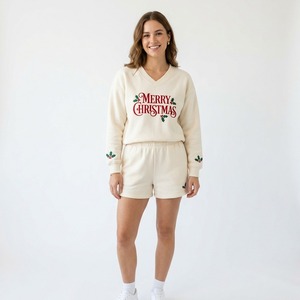 <b>Women's</b> Cream V Neck Fleece <b>Sweatshirt</b> and Shorts Set <b>Christmas</b> Embroidered 2 Piece Lounge Outfit - Product Image 6