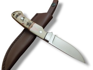 Couteau de chasse artisanal en acier inoxydable à pointe tombante avec manche en corne de bélier et os, et étui en cuir, lame fixe pleine longueur de 10 pouces - Product Image 4