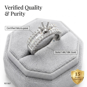Bague semi-montée unique à triple rangée en or blanc 18 carats avec diamants taille baguette et taille princesse, sertissage invisible pour fiançailles, support OEM/ODM - Product Image 3